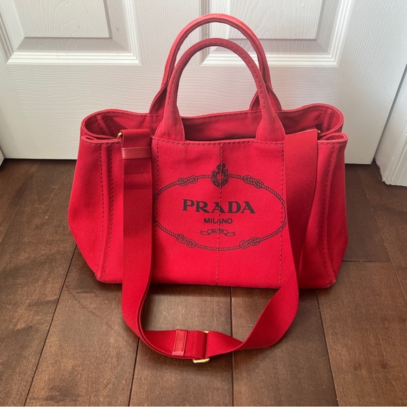 Authentic Prada Red Women's Tote Bag Canapa - Picture 2 of 16
